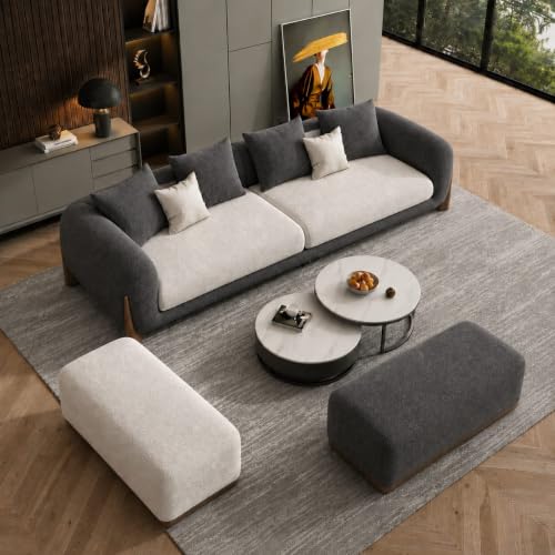 Image of Modern Boucle Sofa for Living Room Bedroom Reception and Office Wooden Polished Leg Sofa for Living Room (Grey & Off White, 3 Seater +Ottoman Set)