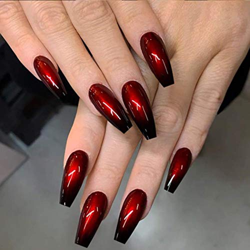 Handcess Coffin Glossy False Nail Lange schwarze und rote Ballerina Drücken Sie auf die Nägel Gradient Acryl Art Full Cover Gefälschte Nägel für Frauen und Mädchen (24Pcs)