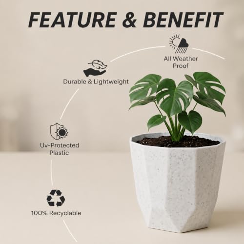Image of YUCCABE ITALIA SHERA Hexa Round Plastic Flower Pot with Drainage Holes Planter Pot Suitable for Indoor Outdoor Kitchen Garden (Stone White, 8 Inch - 3 Pcs)