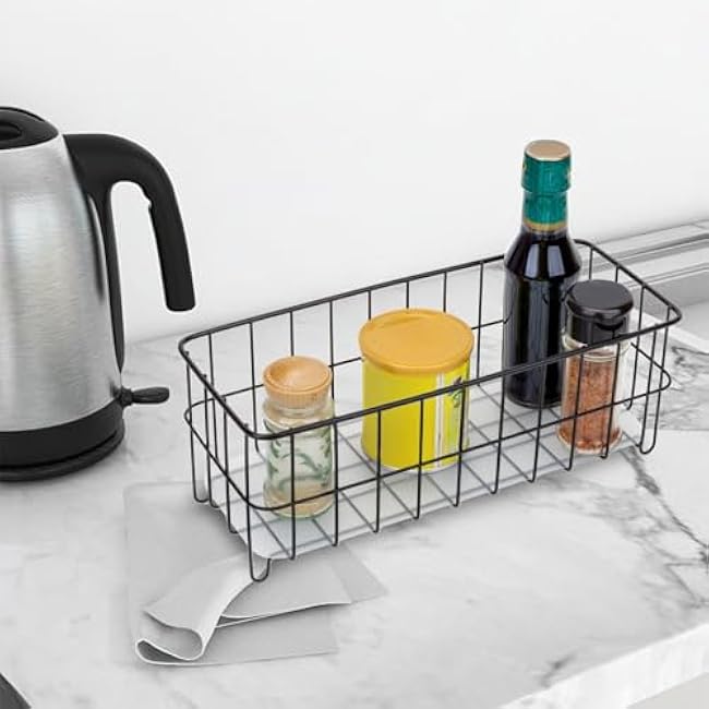 HANZE [Set of 3 Small Metal Wire Storage Organizer Basket Bins, Baskets for Household Purposes - Black