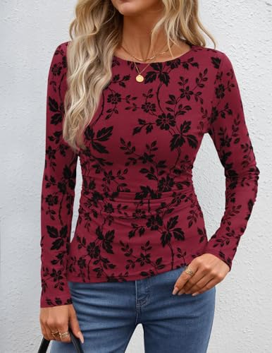 Image of ZESICA Womens Floral Long Sleeve Shirts 2026 Spring Boat Neck Mesh Ruched Tops Fitted Asymmetrical Going Out Blouses