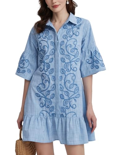 Kedera Women's Summer Button Down Shirt Embroidered Dress Ruffle Sleeve Shift Mini Dresses with Pockets