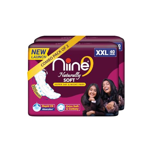 Niine Naturally Soft XXL Extra Soft & Cottony Sanitary Pads for Women | 305mm Long | 80 Pads, Pack of 2 | Super Day & Night Pads | Rapid 2X Absorption