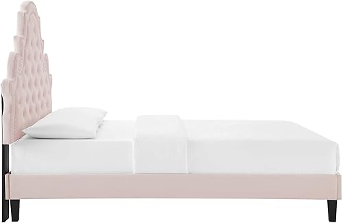 Miniatura 7 de Modway Gwyneth - Base de cama tamaño matrimonial de terciopelo copetudo, color rosa con patas de madera negra Rosado,Blanco,Menta,verde