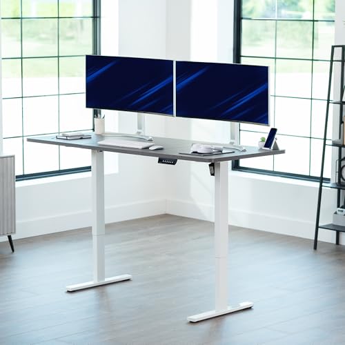 Image of VIVO Dark Gray 71 x 30 in Standing Desk, DESK-KIT-1W7G | Electric, Holds 220 lbs, Sit Stand, Height Adjustable, Extra Deep Table Top, Memory Presets, 1B Series, White Frame