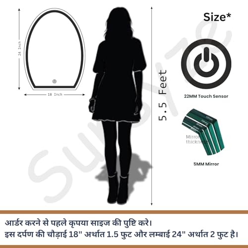 Image of Sunsyze LED Mirror for Bathroom, Washbasin and Office, 18x24 Wall Mounted Half Oval Shape Mirror with Light /3 Color Light (Warm, White and Natural Light) Brightness Adjustable