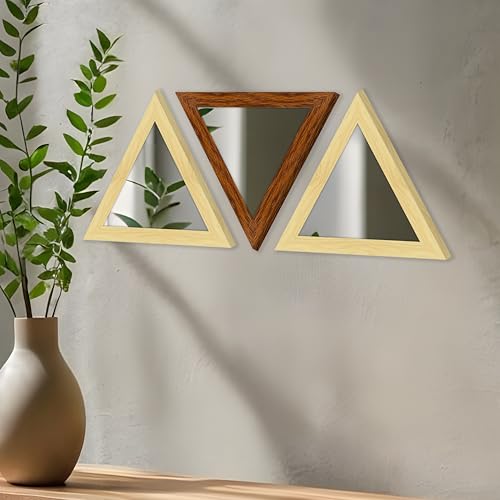 Image of Art Street Acrylic Triangle Decorative Wall Mirror Set of 3 Triangle Shape Mirror for Home Decoration, (9x9 Inch, Brown, Beige)