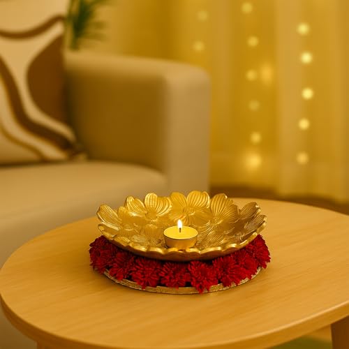 Image of MARKET 99 Golden Embossed Platter | Glossy Aluminium Decorative Dish for Tabletop, Gifting & Festival Display | Designer Tray for Home Decor, Weddings & Celebrations