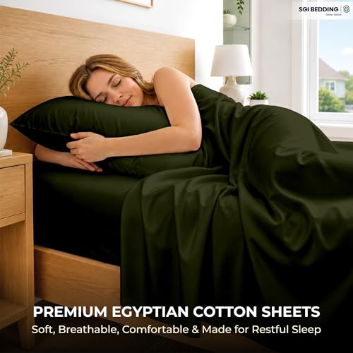 Image of SGI Split King Sheet Set for Adjustable Bed Egyptian Premium Cotton 600 Thread Count Sheets for Sleep Number Bed 15 inch Deep Pocket 5 Pc Set with 2 Twin XL Fitted Sheets Soft Breathable - Olive Green