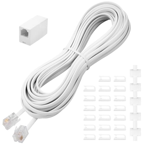 Uvital 25 Feet Phone Line Cord RJ11 Phone Cable with Coupler & Clips White