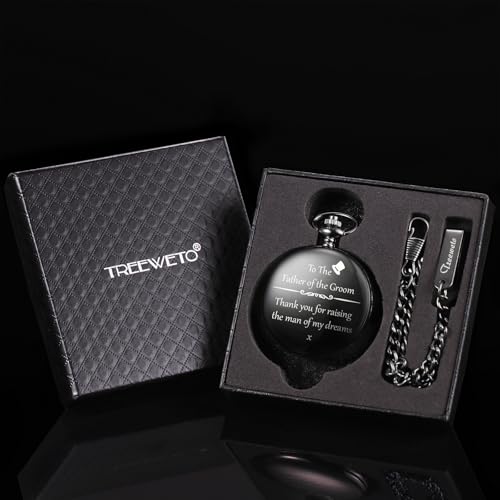 Image of TREEWETO Mens Engraved Pocket Watch Father of The Groom Gifts from Bride - to Dad of Groom Pocket Watches Wedding Gift for Father in Law