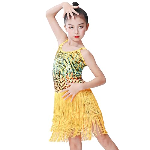 Costume de Danse Latine Rumba Salsa Chacha à Paillettes et Glands Franges pour Filles, Scintillant Mini Robe sans Manches à Réglable Bretelles avec Shorts