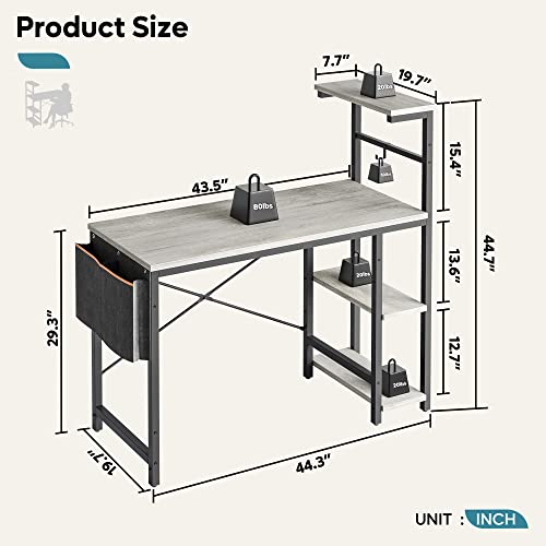 Bestier Computer Desk With 4 Tiers Shelves, Gaming Desk With Led Lights, 44 Inch Office Desk With Storage Bag & Printer Shelf (Retro Grey Oak) #TOP1