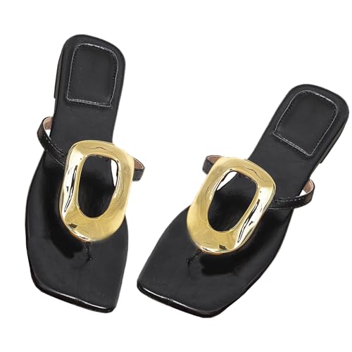 Women's Flat Flip Flops with Metal Decoration Fashion Square Open Toe Comfortable Slip on Slide Sandals Summer Casual Beach Flip Flops2