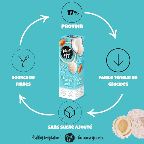 Feel FIT Zuckerfreie Kokos-Pralinen mit Mandeln á 27 g, Zuckerfreie Snack, Protein Balls mit Kokosraspeln