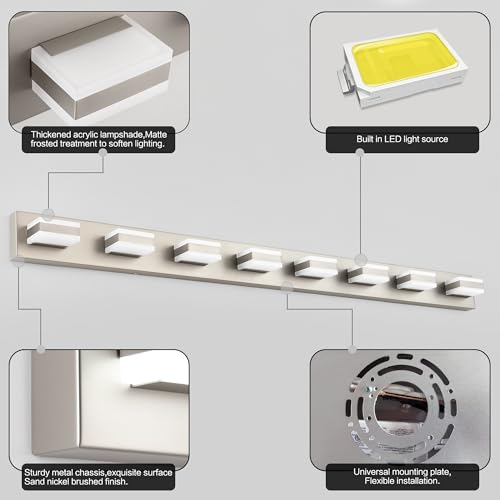 Image of SOLFART Bathroom Light Fixtures Brushed Nickel Vanity Lights for Bathroom Above Mirror, 8 Light Led Lighting Fixture, Nickel Vanity Light, 61 Inch Vanity Light Over Mirror