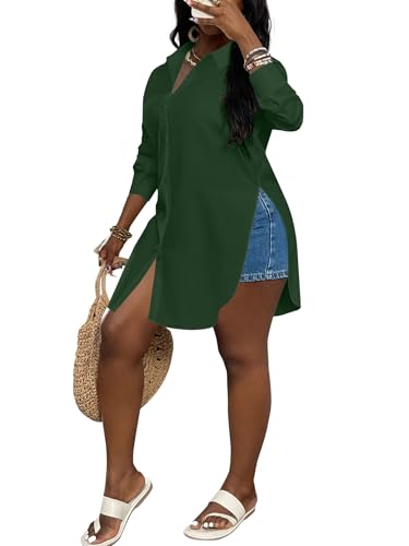 Image of LYANER Women's Collar Neck Long Sleeve Button Down Shirts Sexy Split Hem Tops Long Blouse Shirt Dress