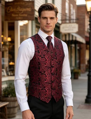 Image of DiBanGu Mens Vest and Tie Set Formal Paisley Waistcoat and Necktie Pocket Square Cufflinks Silk Suit Vest for Tuxedo Wedding