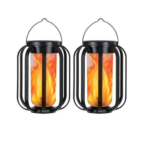 Solar Lantern Outdoor Lights, 2 Pack Waterproof Solar Powered Lanterns with Flickering Flame, Hanging Lantern Decorative for Outside, Solar Powered Outdoor Lights for Yard Garden Patio Table Decor