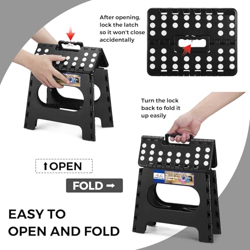 Image of ACKO Folding Step Stool, 11 Inch Non-Slip Foldable Step Stools up to 300lbs for Kids and Adults, Portable Lightweight Collapsible Stool with Handle, for Kitchen Bathroom Black, 1 Pack