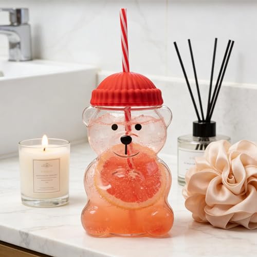 Image of New Glass Bear Straw Cup 600ML Cute Bear Glass Tumbler with Reusable Straw - Viral Animal Design for Smoothies, Boba & Iced Coffee (Orange)