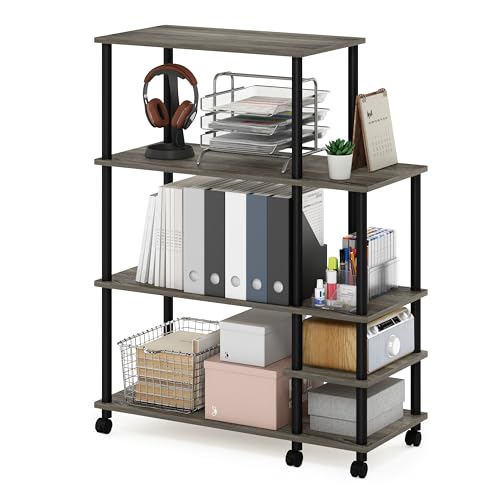 Furinno Turn-N-Tube 4-Tier Wide Toolless Multipurpose Printer Stand Display Storage Shelf with Wheels, French Oak Grey/Black - image 5