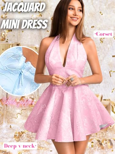 Jacquard Corset Dress,Deep V Halter Mini Dresses with Bow Back,Sexy Birthday Outfits Women Homecoming Prom Formal2