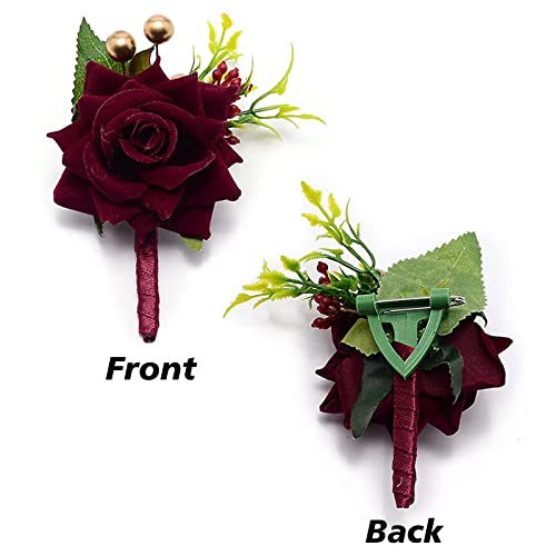 CRASPIRE 6PCS Wedding Boutonniere Wine Red Rose Corsage Buttonhole Flower Groom Groomsman Best Man Wedding Flowers Accessories for Groom Groomsmen Prom - Image 3