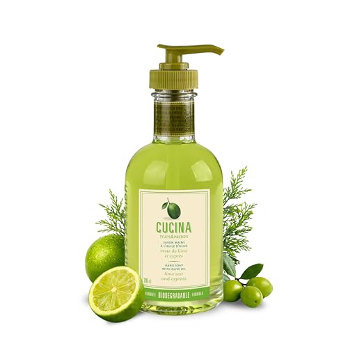 Cucina Hand Soap with Olive Oil, Lime Zest and Cypress, Biodegradable Formula, Refillable Glass Bottle, 6.7 oz (200 ml), Fruits and Passion