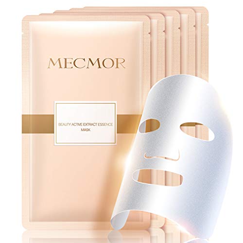 MECMOR Collagen Facial Treatment Mask, Anti-aging Face Mask with Hydrolyzed Collagen, Brightening & Hydrating Face Sheet Mask for Dark Spots with Hyaluronic Acid, Rose Extracts, Oligopeptides, 5 Pack