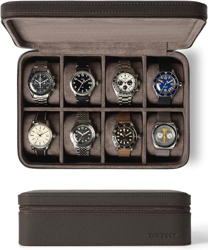 TAWBURY Watch Case - 8 Slot Genuine Top-Grain Leather Watch Box for Men & Women with Extra Wide Pillows for Large Watches - Portable Wristwatch Storage for Home & Travel (Brown)