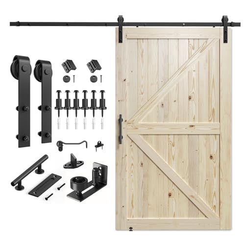 Image of SMARTSTANDARD 48in x 84in Sliding Barn Door with 8ft Barn Door Hardware Kit Included, Unfinished Solid Spruce Wood Door, Assembly Required, DIY, Stainable, Natural