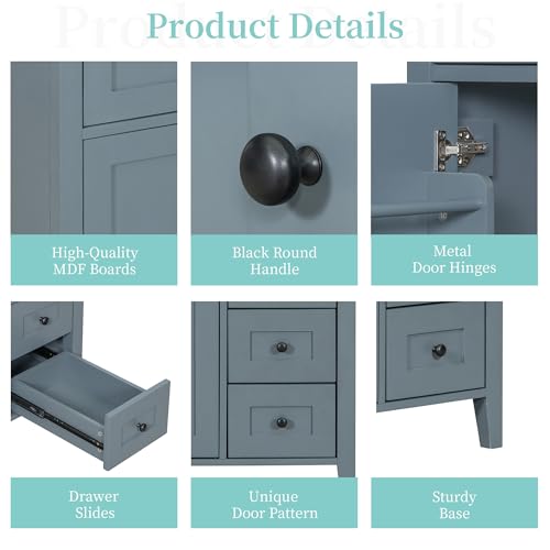 Image of 30 inch Bathroom Vanities with Top Set, Cabinet with Right-Side Multi-Functional Tip-Out Drawer and Adjustable Shelf, Soft-Closing Door, Solid Wood Legs, Blue Gray