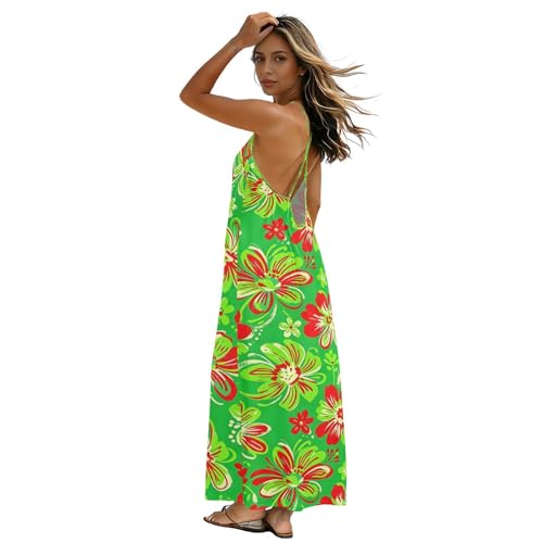 Robe longue fleurie dos nu verte en satin fluide pour femme évasée | M