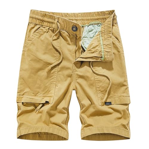 Cargo Shorts for Man Waterproof Stretch Drawstring Relaxed Fit Work Hiking Pants Zipper Camping Shorts with Pockets Yellow 31