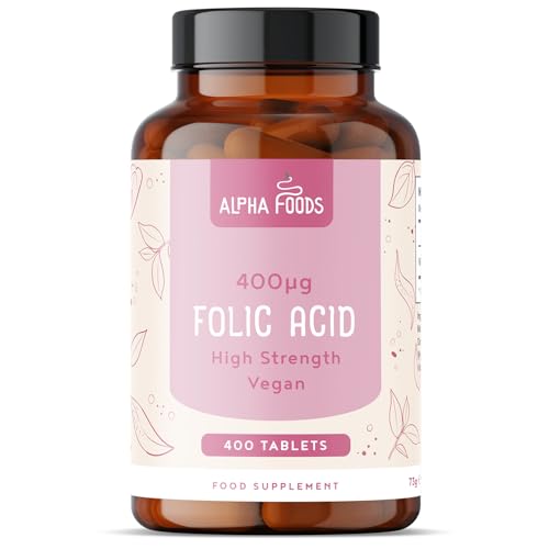 Acido Folico 400 mcg | 400 tabletas de Vitamina B9 | Alta dosificación fertilidad y cuidado del embarazo | Vitaminas prenatales | Ácido fólico vegano | Apoyo al sistema inmunológico | Alpha Foods