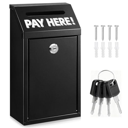 Metal Donation Box with Lock Wall Mounted Cash Money Box with Slot for Cash Deposit Hualleko Money Drop with Lock and Slot for Home/Office/Outdoors 10.2 x 5.6 x 2.9 Inch(Black)