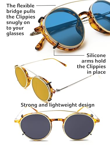 Clippies Polarized, Regular, Coloured Clipon sunglasses for prescription glasses. Non Flip Clip-on Sunnies - 3 Pack Hard Case2