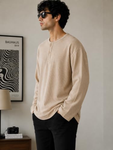 Snazzory Oversized Waffle Knit Henley T-Shirt, Beige - Image 4