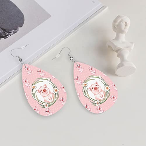 Pink Pig Faux Leather Teardrop Earrings Lightweight Drop Dangle Earrings For Women Girls #TOP4