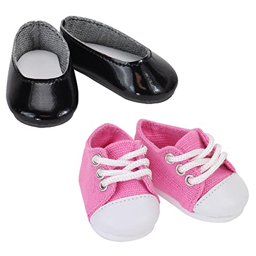 Sophia's Shoes Pack Set Includes Dressy Black Faux Patent Leather Flats and Pink Canvas Sneakers with Laces for 14.5