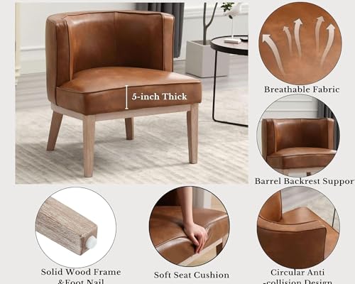 Image of Brown Leather Barrel Chairs Set of 2 with Solid Wood Frame, Small Round Accent Chairs Set of 2, Comfy Linen Accent Chairs for Living Room