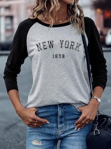 Hilinker Women's Long Sleeve Graphic Tees Color Block Tops Casual Loose Crew Neck T Shirts3