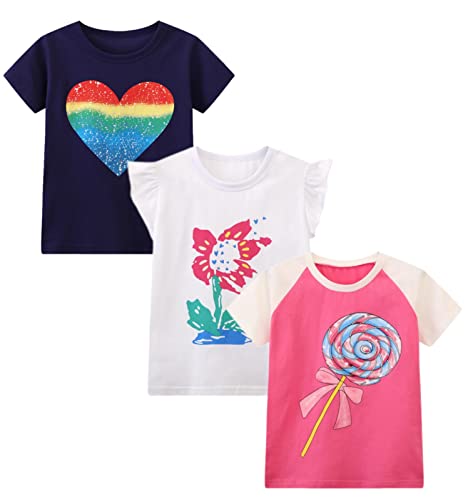 HILEELANG Toddler Girls' Short Sleeve Tees Shirts Ruffle Cotton Casual Graphic Summer Crewneck Jersey Tunic Tops 4T2