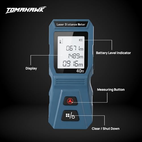 Image of TOMAHAWK MIN 0040 Laser Distance Meter Measurer 40M /131Ft with Area, Volume and Pythagoras Measurement - Water and Dust Resistant Laser Measuring Device with Backlit LCD, Battery Included