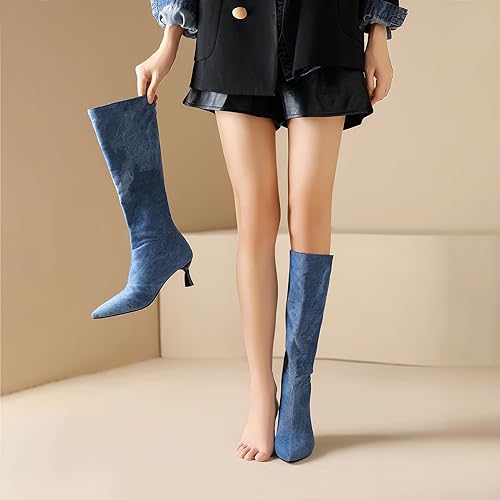 SHEMEE Women's Denim Knee High Boots Kitten Heels Pointed Toe Dress Jeans Mid-Calf Boots Zipper Tall Boots4