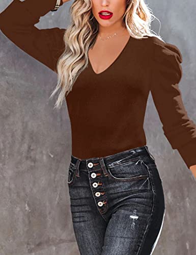 Amarmia Women's Puff Long Sleeve Knit Pullover Sweaters Casual V Neck Ribbed Solid Soft Slim Fit Sweater Blouse Tops3