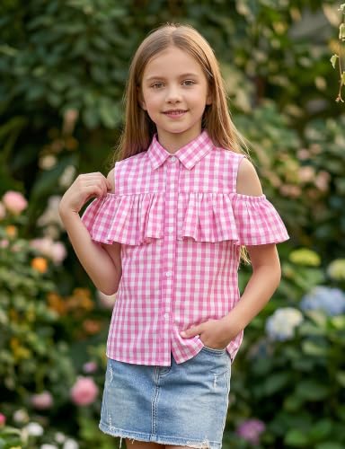 Image of Noomelfish Girls Ruffle Cold Shoulder Top Blouse Short Sleeve Button Down Shirts (4-12 Years)