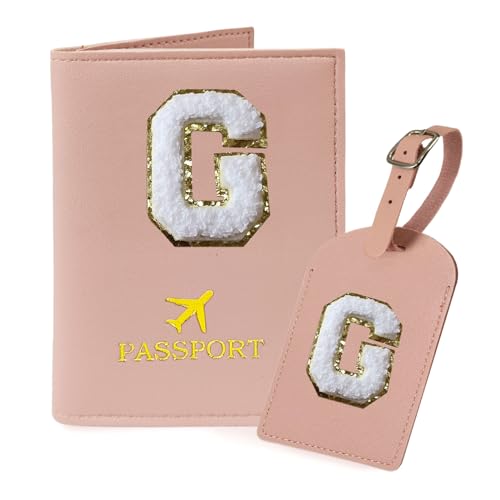 COSHAYSOO Initial Passport Cover Holder and Luggage Tag Set with Chenille Letter Patch for Women Teenage Girls, Fashion Travel Bag Backpacks Suitcase Identifier Markers Pink G