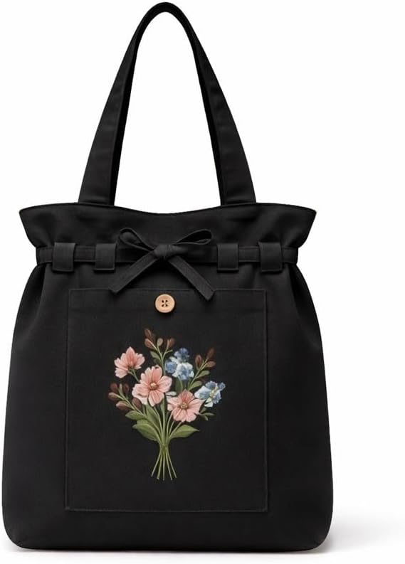 Embroidered Canvas Tote Bag for Women | Floral Design Cotton Shoulder Bag | Reusable Shopping & Office Handbag Multi-Purpose Bags, Black